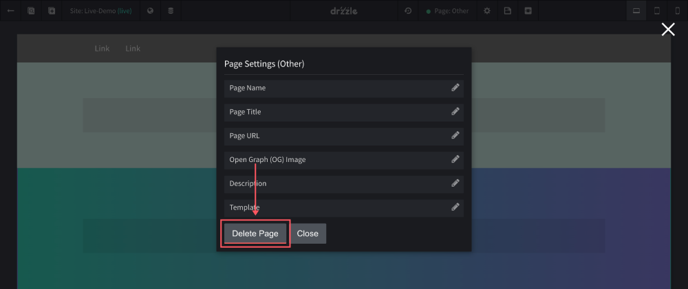 Delete page from modal