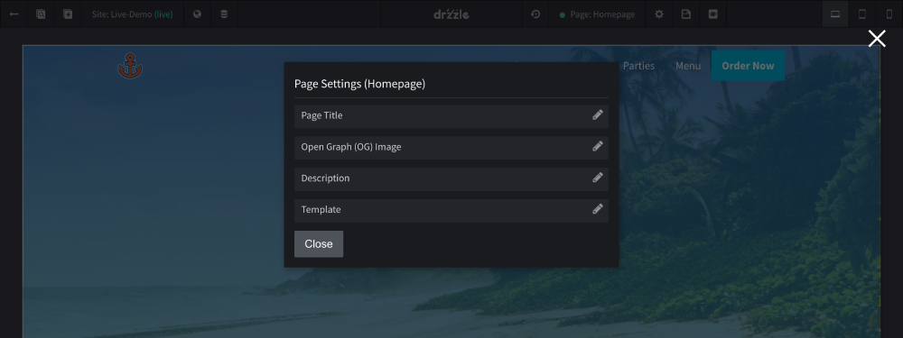 Page settings modal